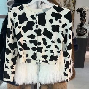 Zara Black & White Cow-Print Cropped Cardigan